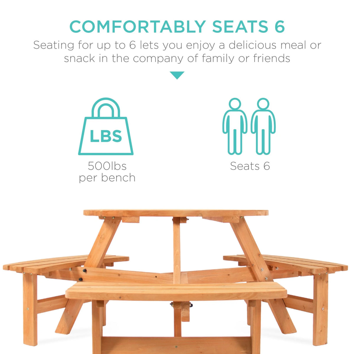 6-Person Circular Wooden Picnic Table with 3 Built-In Benches U144892