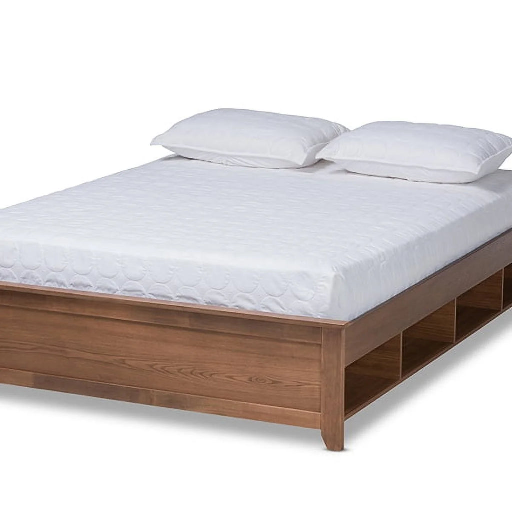 Queen Size Ash Walnut Brown Wood Storage Bed Frame Q1821