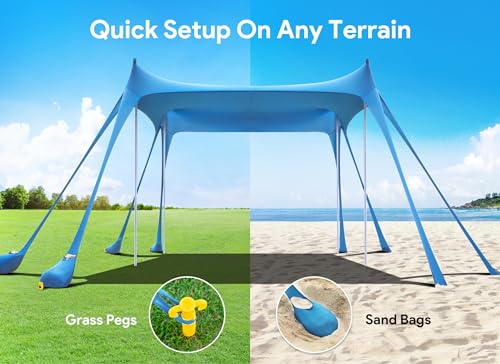 Beach Tent, Camping Sun Shelter UPF50+ with 8 Sandbags, Sand Shovels, Ground Pegs & Stability Poles L9685