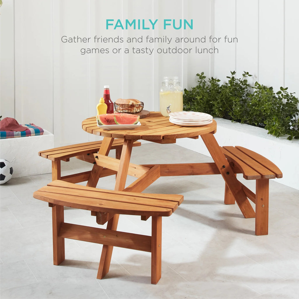 6-Person Circular Wooden Picnic Table with 3 Built-In Benches U144892