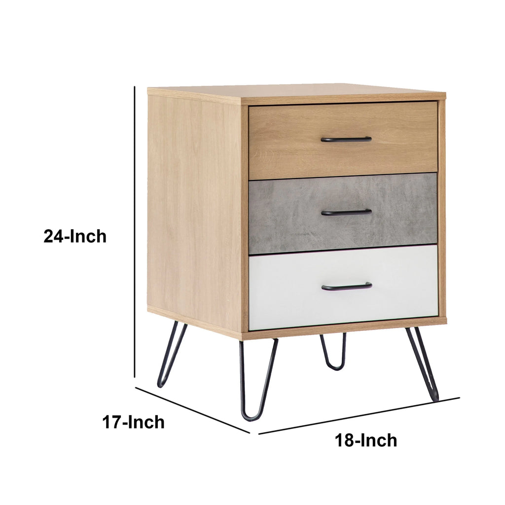 24 Inch 3 Drawer Wood Nightstand with Metal Hairpin Legs C381310