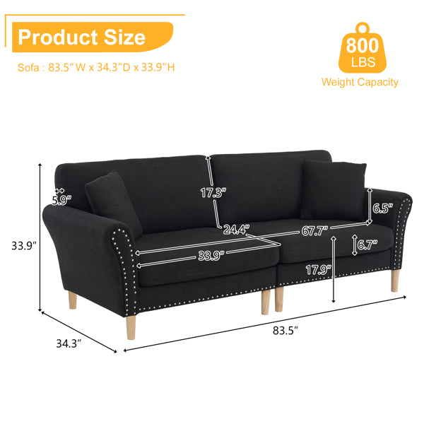 Black Upholstered 2-Seat Loveseat Sofa with 2 Pillows H606