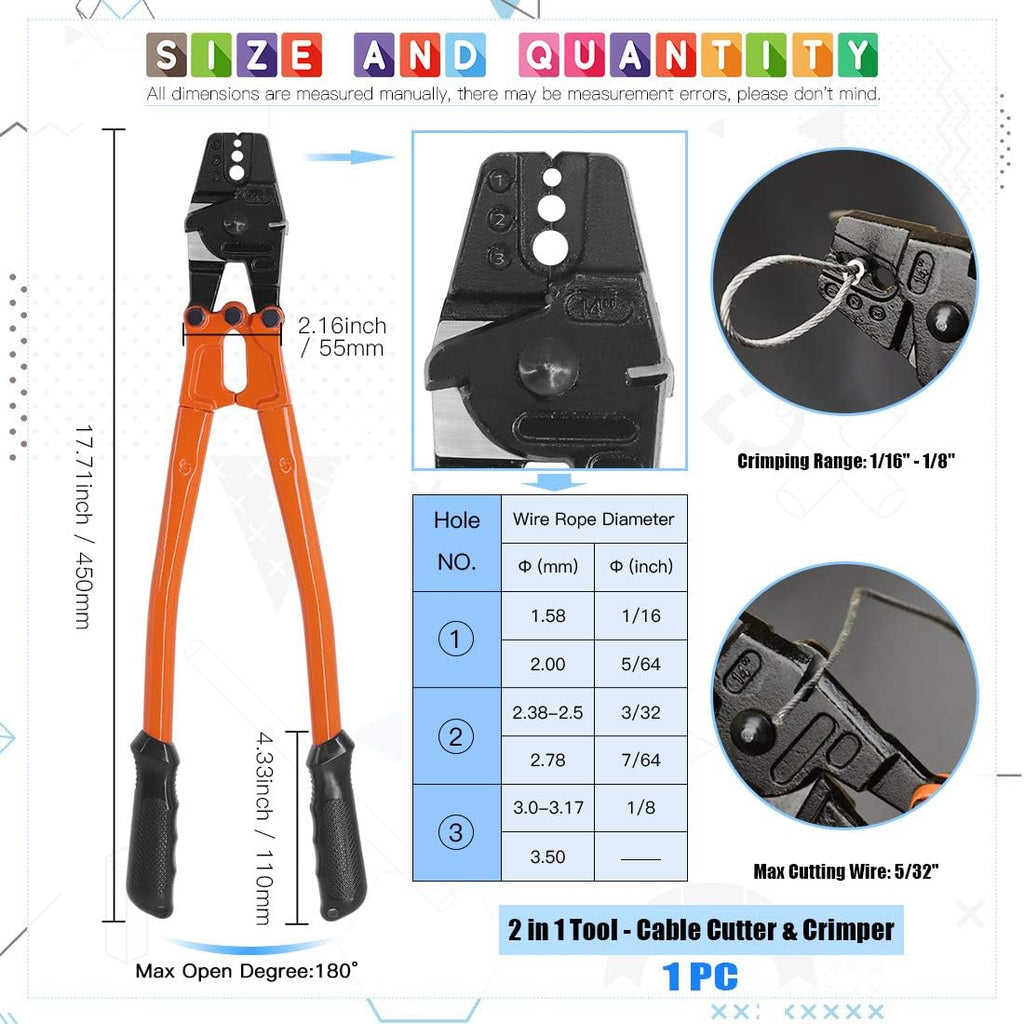 132Pcs Wire Rope Crimping Tool with Crimp Ferrules, Thimbles and Gloves C100376