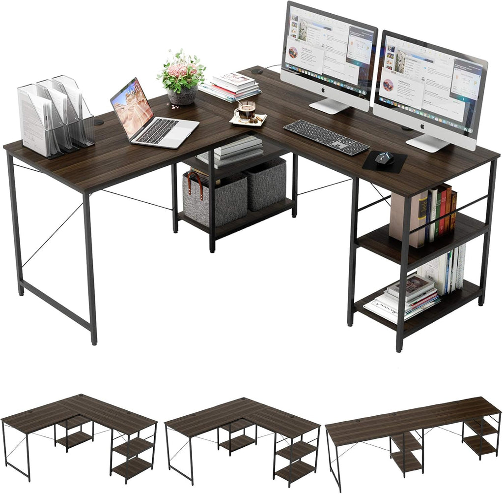 Grey Oak L Shaped Desk with Shelves 95.2 Inch Reversible Corner Computer Desk S893