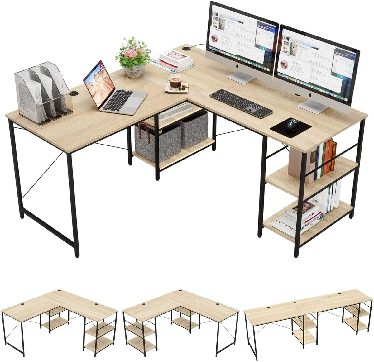 Grey Oak L Shaped Desk with Shelves 95.2 Inch Reversible Corner Computer Desk S893