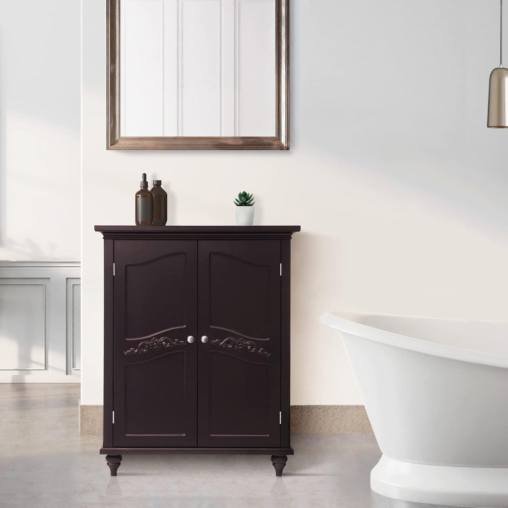 Freestanding Floor Cabinet with 2 Floral Scroll Doors and 2 Adjustable Shelves, Dark Espresso M346