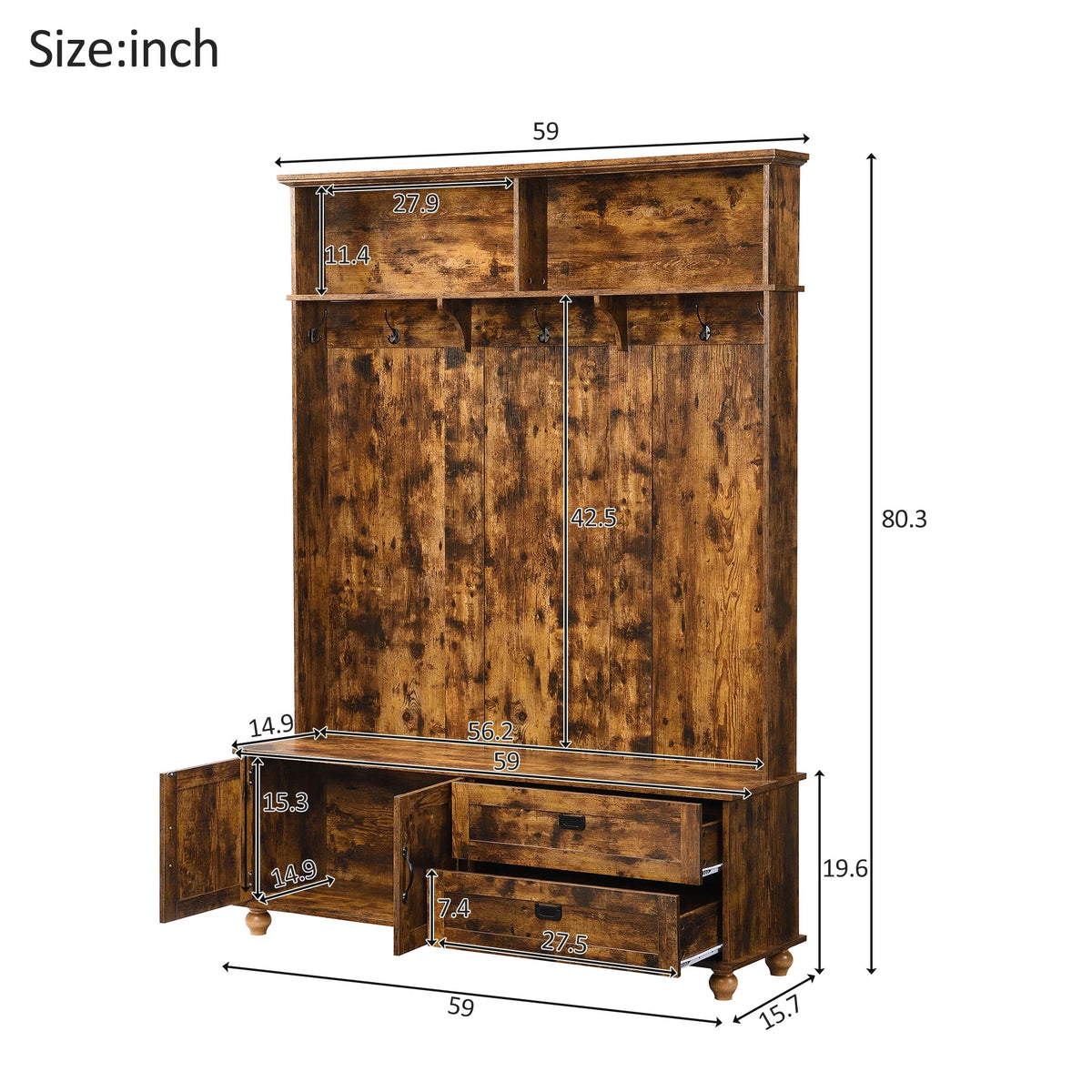 Rustic Brown Hall Tree with Storage Cabinet and 2 Drawers W56852