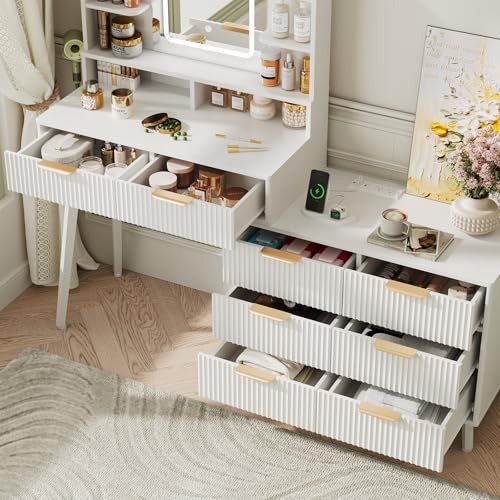 White L Shape Vanity Desk with Mirror and Lights, 8 Drawers & Shelves N1580