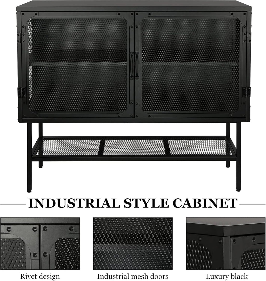 Industrial Cabinet Console Table with 2 Mesh Doors Adjustable Shelf and Feet Bottom Shelf Anti-Tip Dust-Free Kitchen Credenza Sideboard Frosted Q808557