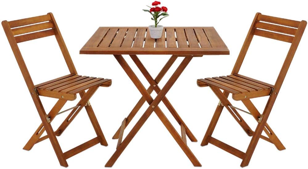 Wooden 3-Piece Bistro Set Folding Chairs and Square Acacia Wood Coffee Table O9322