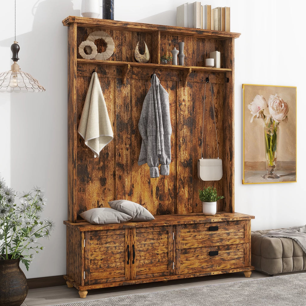 Rustic Brown Hall Tree with Storage Cabinet and 2 Drawers W56852