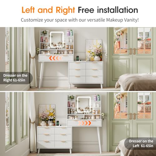 White L Shape Vanity Desk with Mirror and Lights, 8 Drawers & Shelves N1580