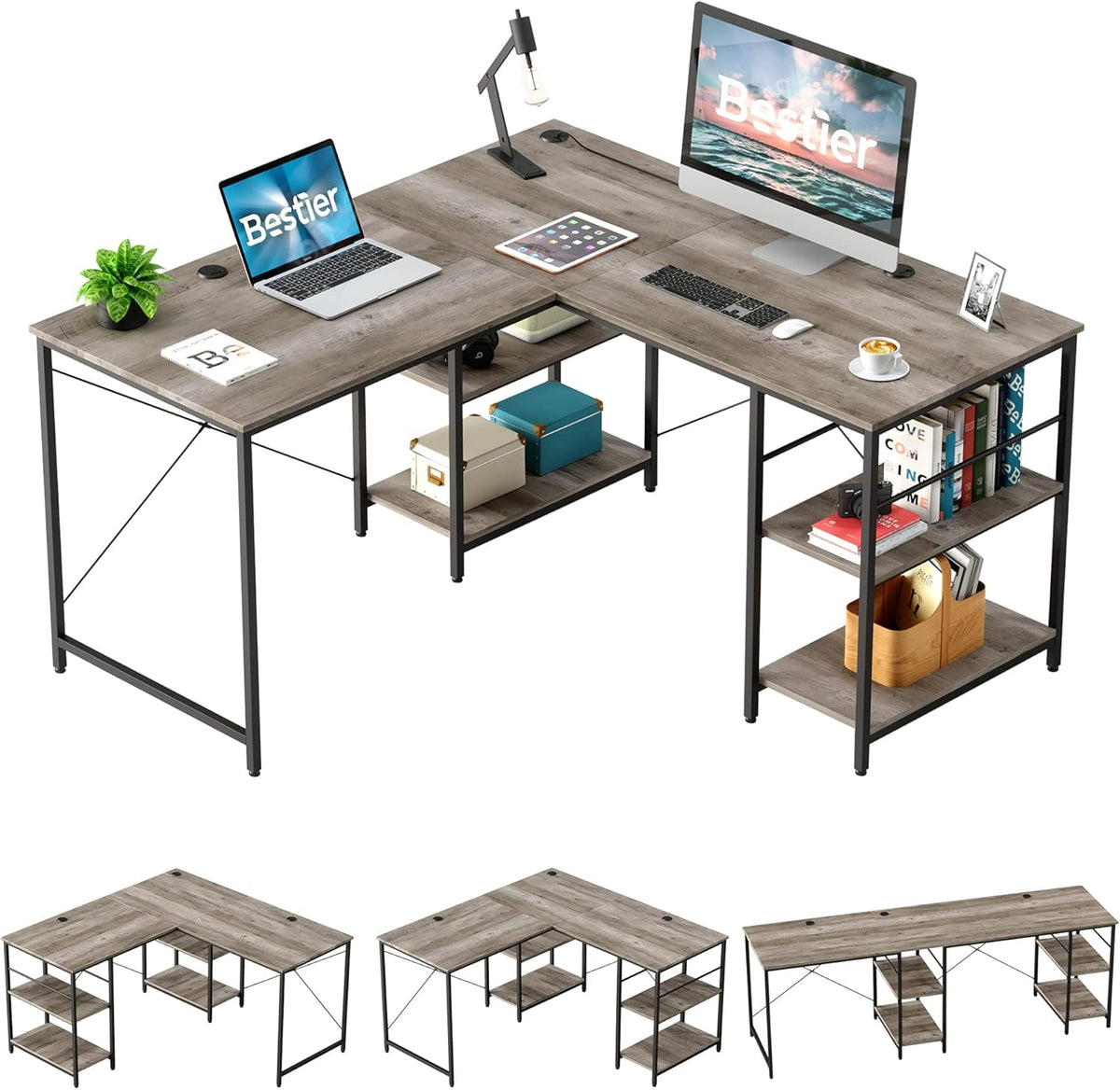 Grey Oak L Shaped Desk with Shelves 95.2 Inch Reversible Corner Computer Desk S893