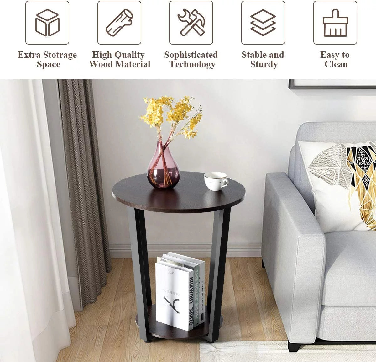 Round 2-Tier Metal End Table with Storage Shelf W806309