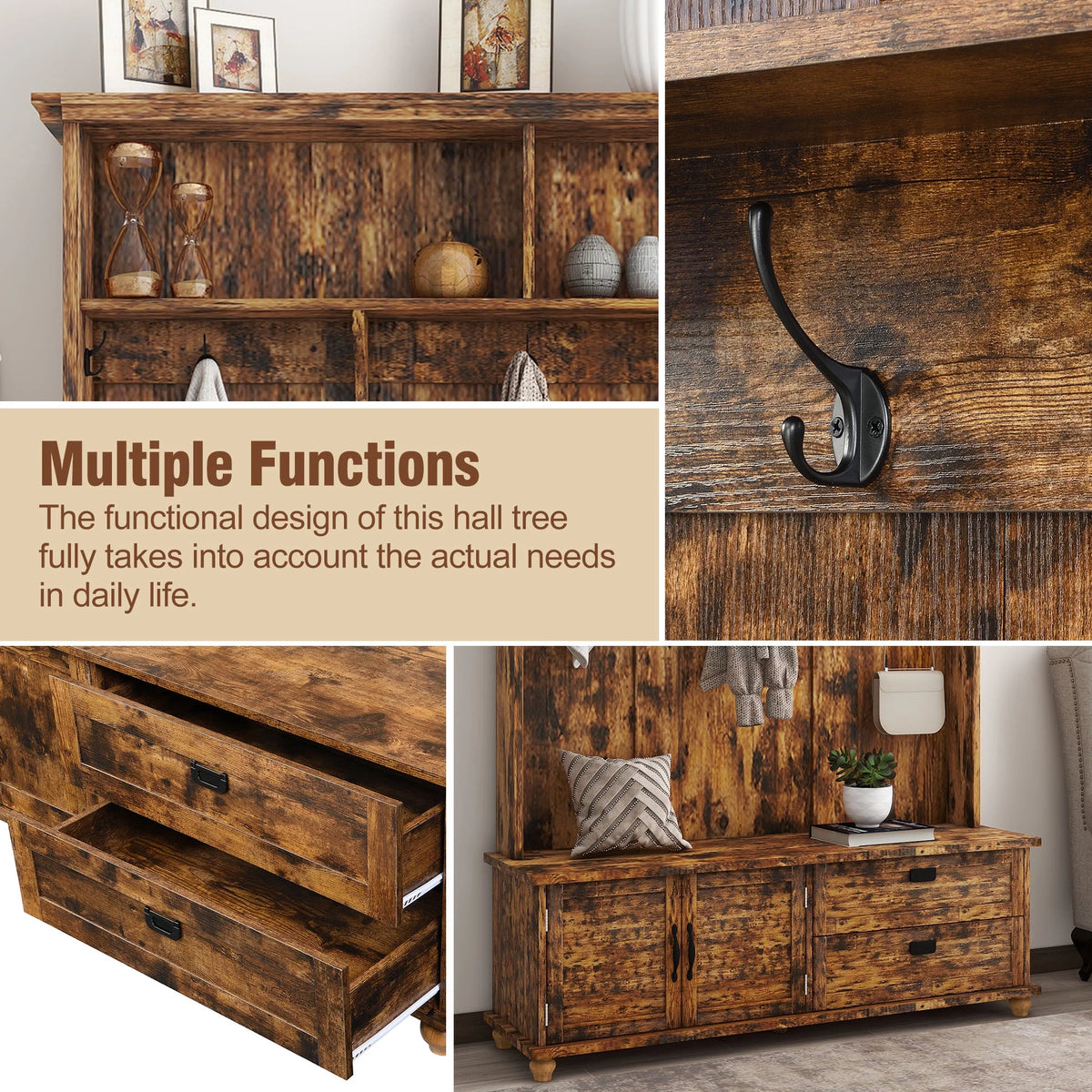 Rustic Brown Hall Tree with Storage Cabinet and 2 Drawers W56852