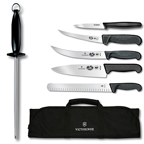 7-Piece BBQ Set with Red Fibrox Pro Handles and Knife Roll O162699