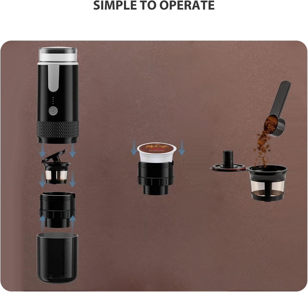 Portable Espresso Machine, Travel Coffee Maker Compatible with K Cup Capsules & Ground Coffee, 1200mah Battery, Handheld Single Serve Coffee Machine C948