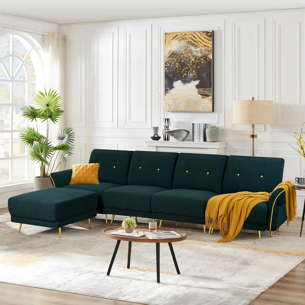Green Sherpa Fabric 4 Seater Sectional Sofa with Ottoman Y5421