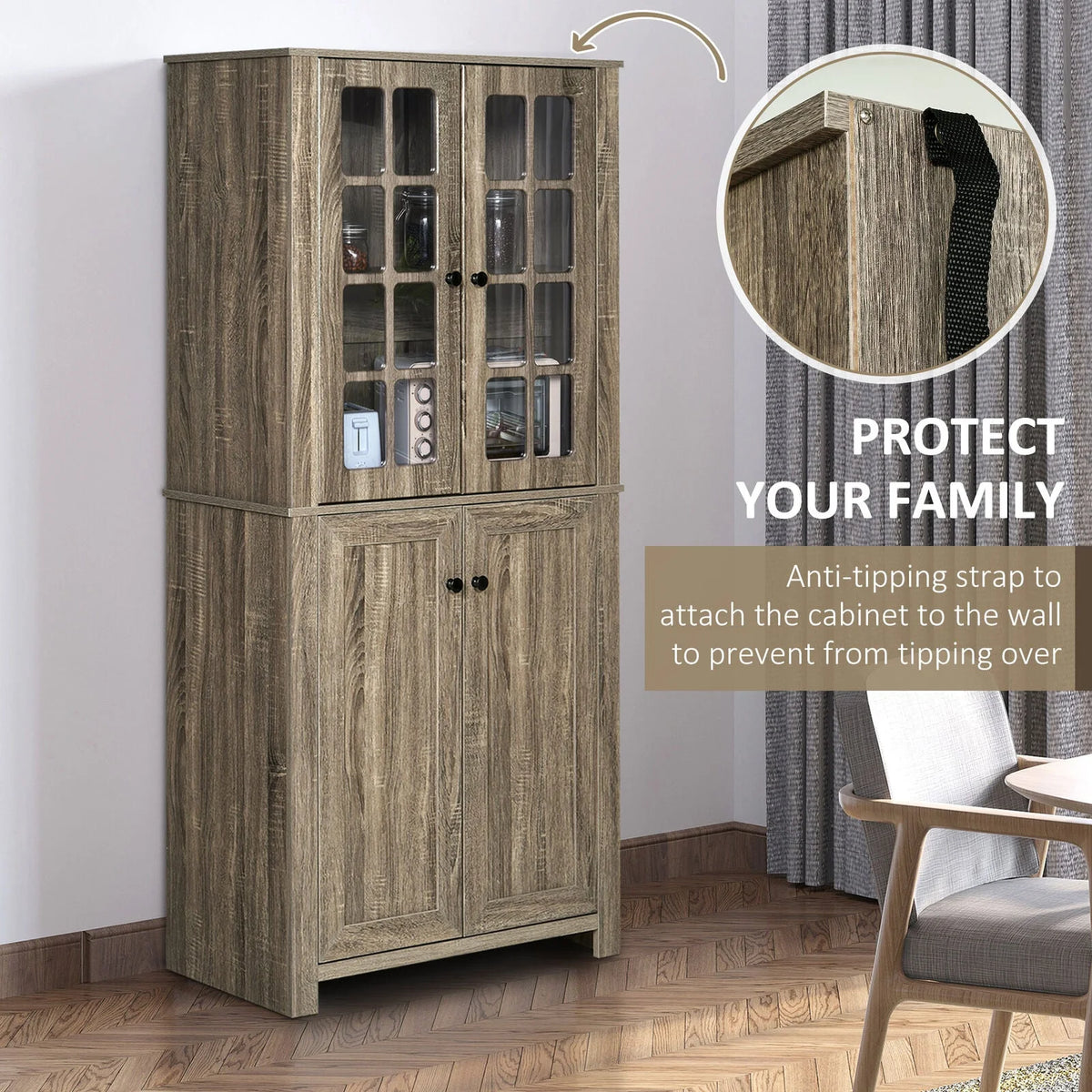 Kitchen Pantry Storage Cabinet with Glass Doors Q419280