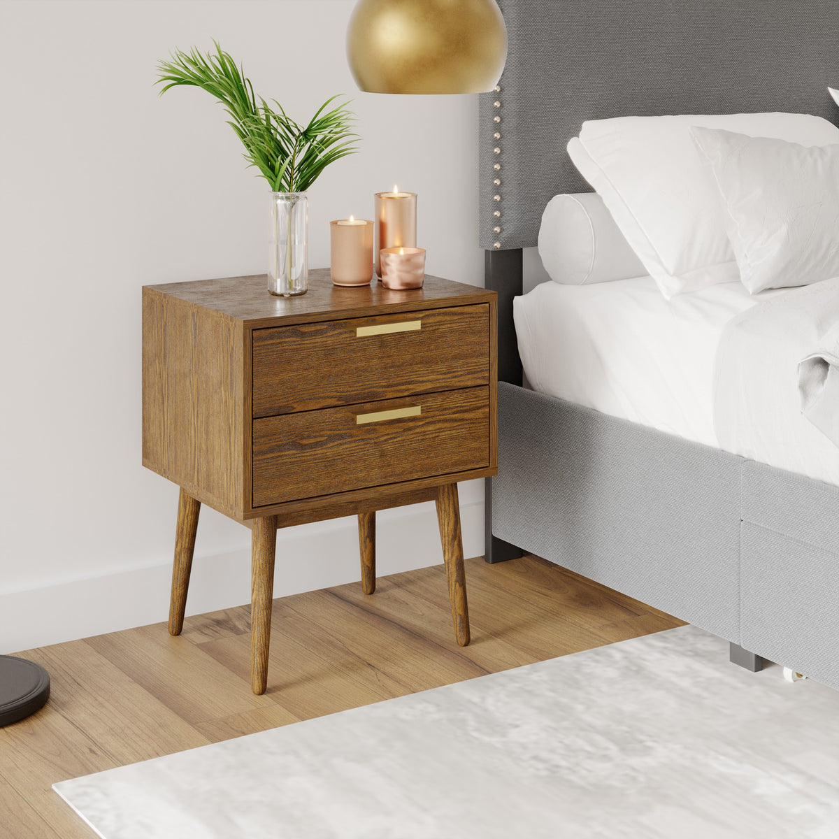 Walnut & Gold Two Drawer Nightstand U452