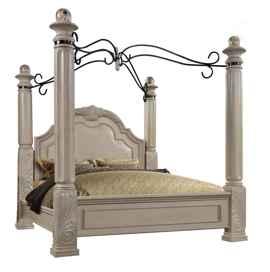 Antique White Solid Hardwood King Canopy Bed I722872