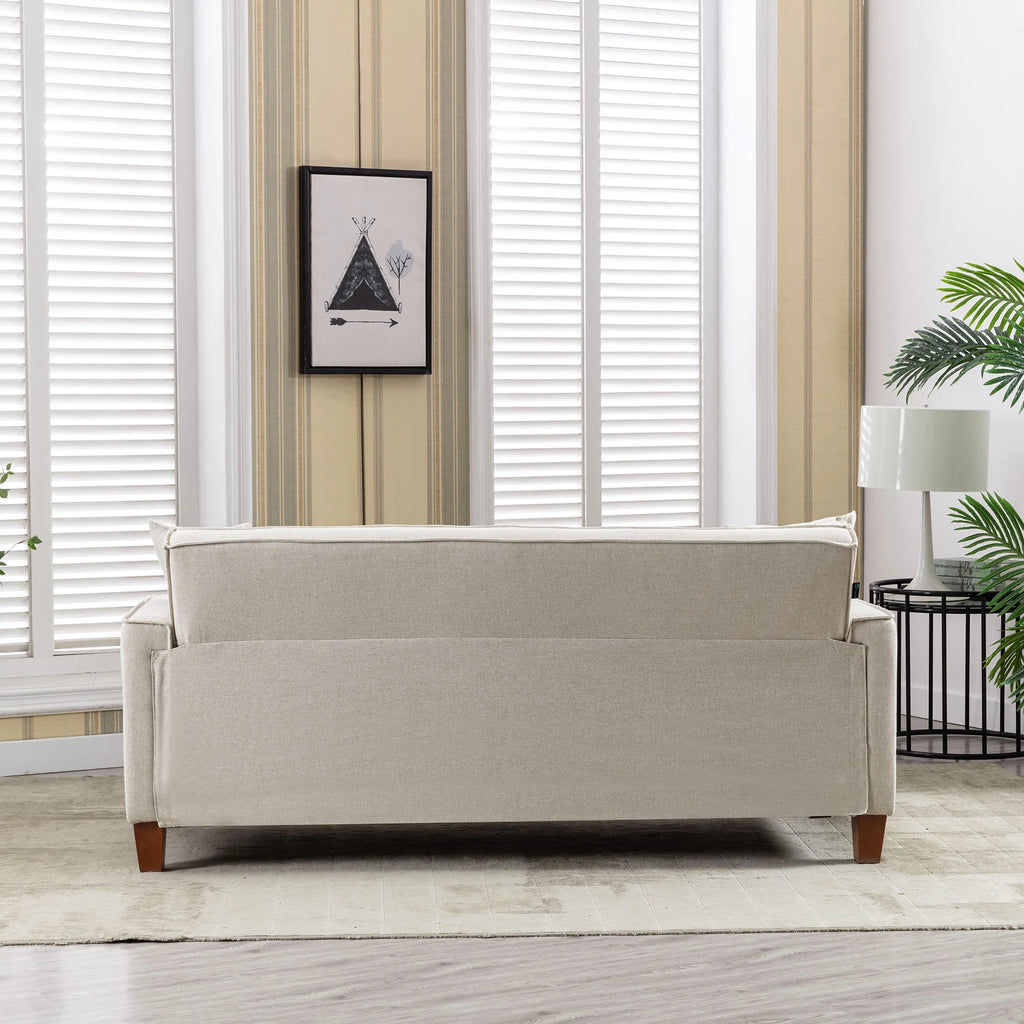 Mid-Century Linen Love Seat Sofa with 2 Pillows and Solid Wood Legs N724
