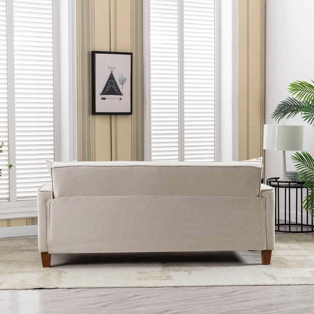 Mid-Century Linen Love Seat Sofa with 2 Pillows and Solid Wood Legs N724