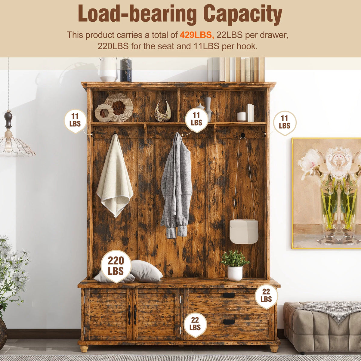 Rustic Brown Hall Tree with Storage Cabinet and 2 Drawers W56852