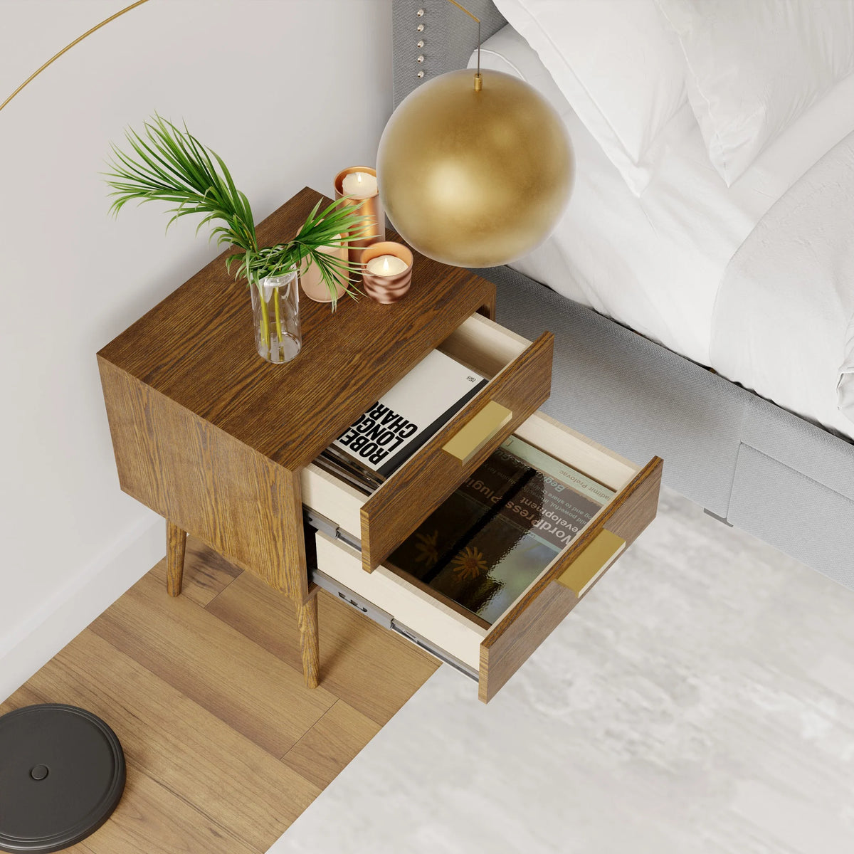 Walnut & Gold Two Drawer Nightstand U452