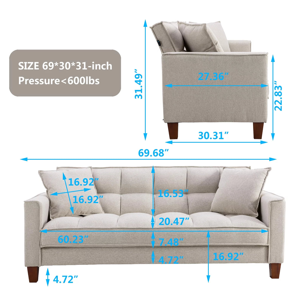 Mid-Century Linen Love Seat Sofa with 2 Pillows and Solid Wood Legs N724