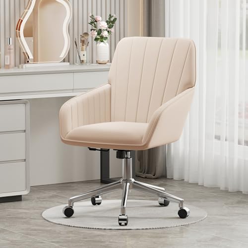 Cream Velvet Height Adjustable Swivel Desk Chair with Wheels C90085