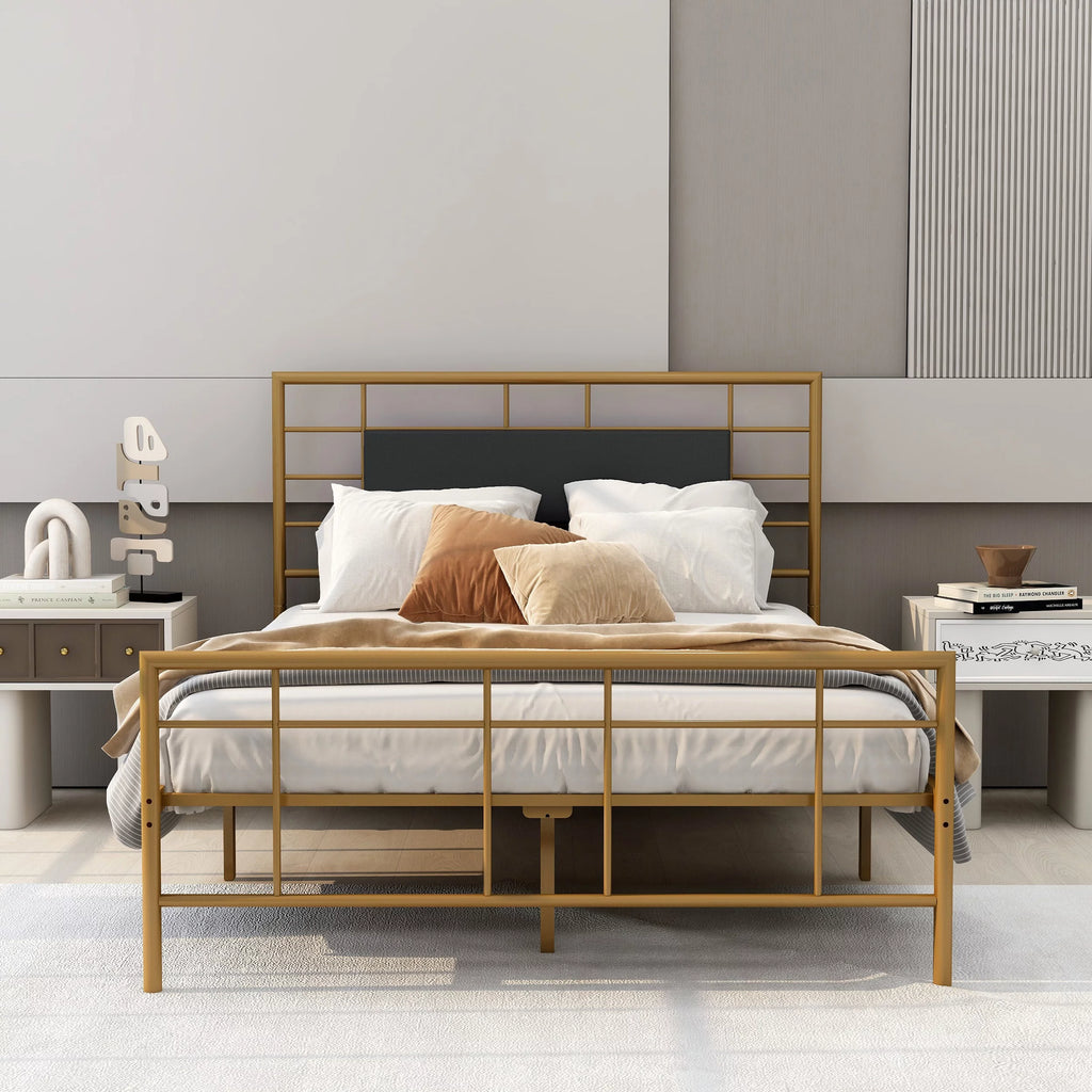 Queen Size Black Metal Platform Bed Frame with Leather Upholstered Headboard W842942