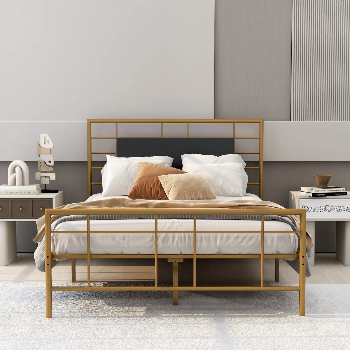 Queen Size Black Metal Platform Bed Frame with Leather Upholstered Headboard W842942