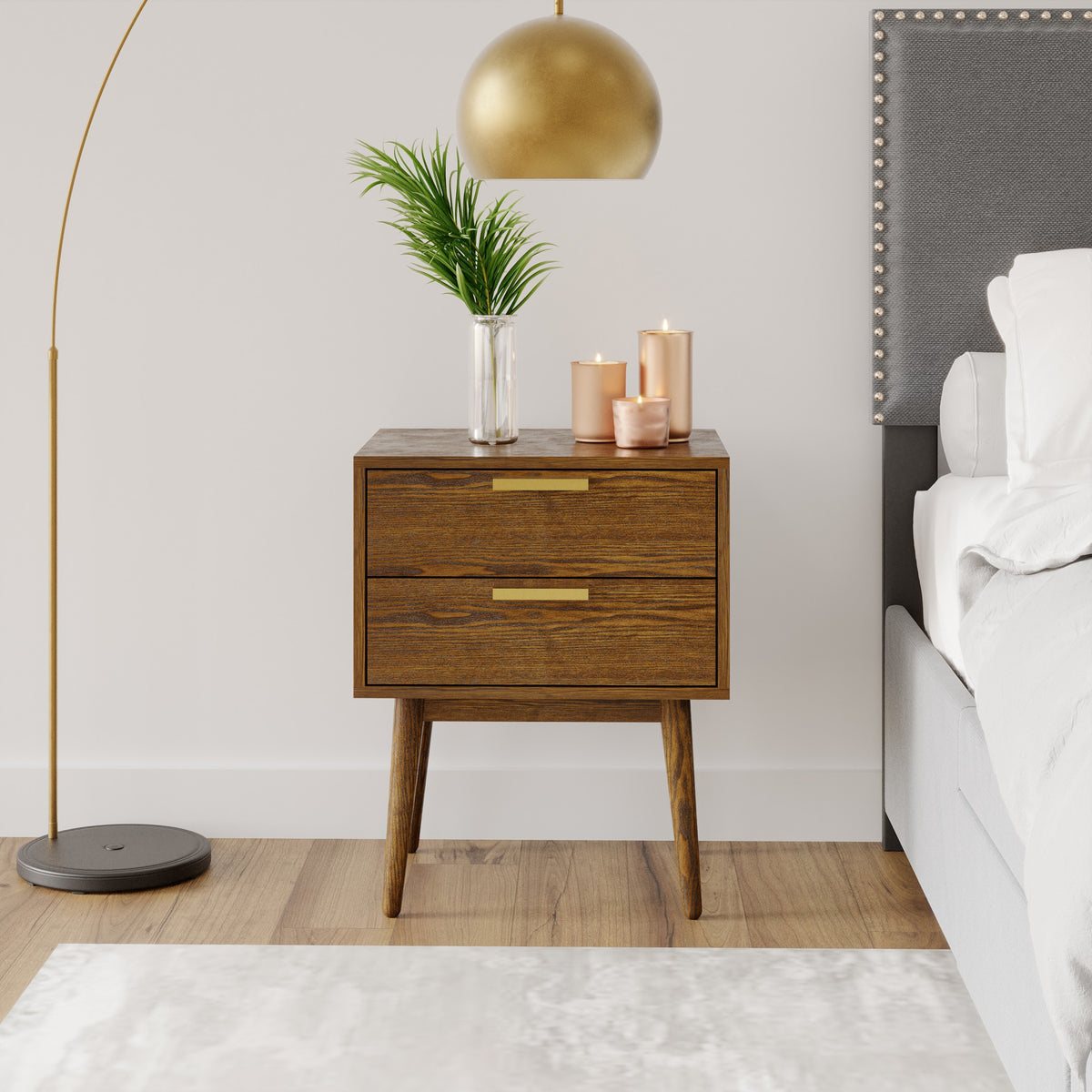 Walnut & Gold Two Drawer Nightstand U452