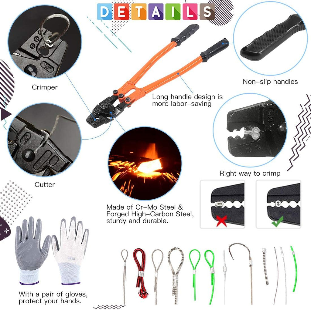 132Pcs Wire Rope Crimping Tool with Crimp Ferrules, Thimbles and Gloves C100376