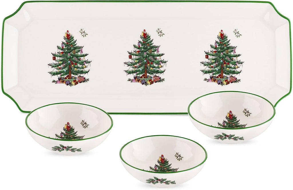 4 Piece Rectangular Tray with 3 Dip Bowls, Fine Earthenware P51604