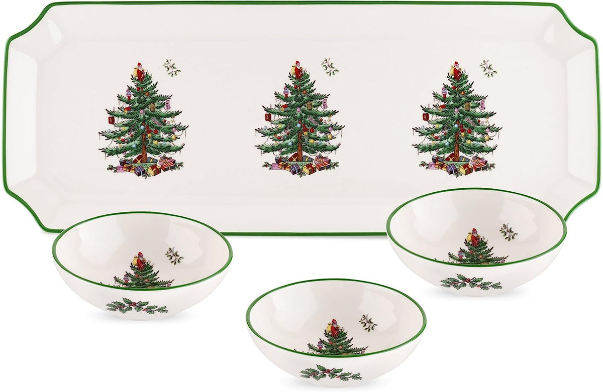 4 Piece Rectangular Tray with 3 Dip Bowls, Fine Earthenware P51604