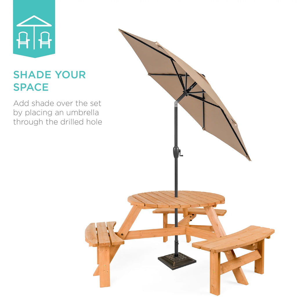 6-Person Circular Wooden Picnic Table with 3 Built-In Benches U144892