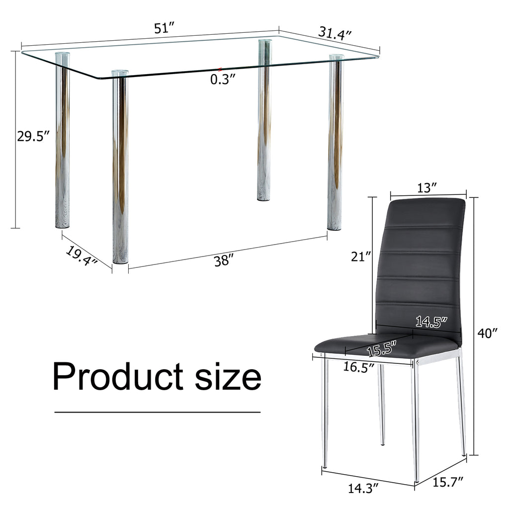 5 Piece Glass Dining Table Set with 4 Black PU Leather Chairs and Metal Legs I27734