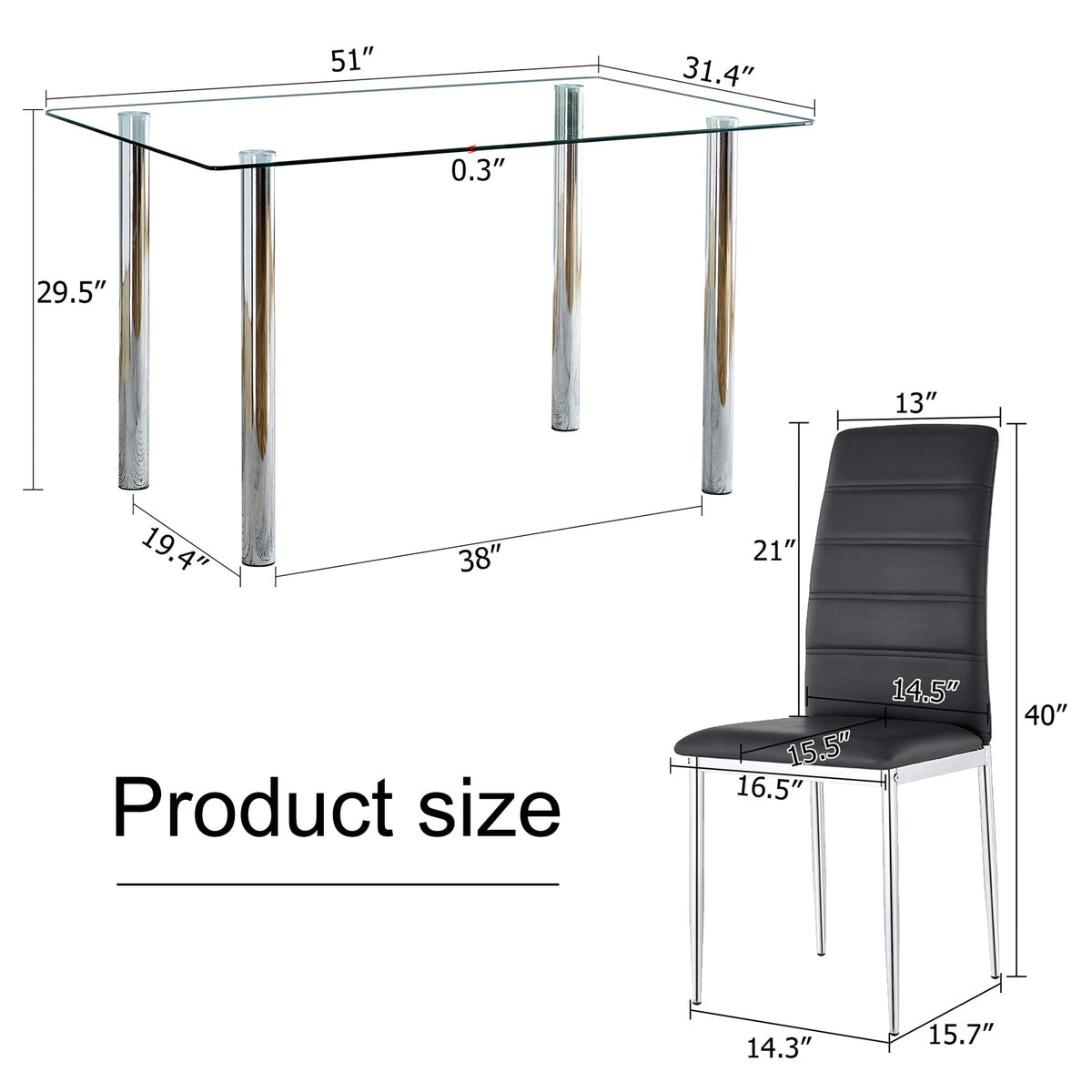 5 Piece Glass Dining Table Set with 4 Black PU Leather Chairs and Metal Legs I27734
