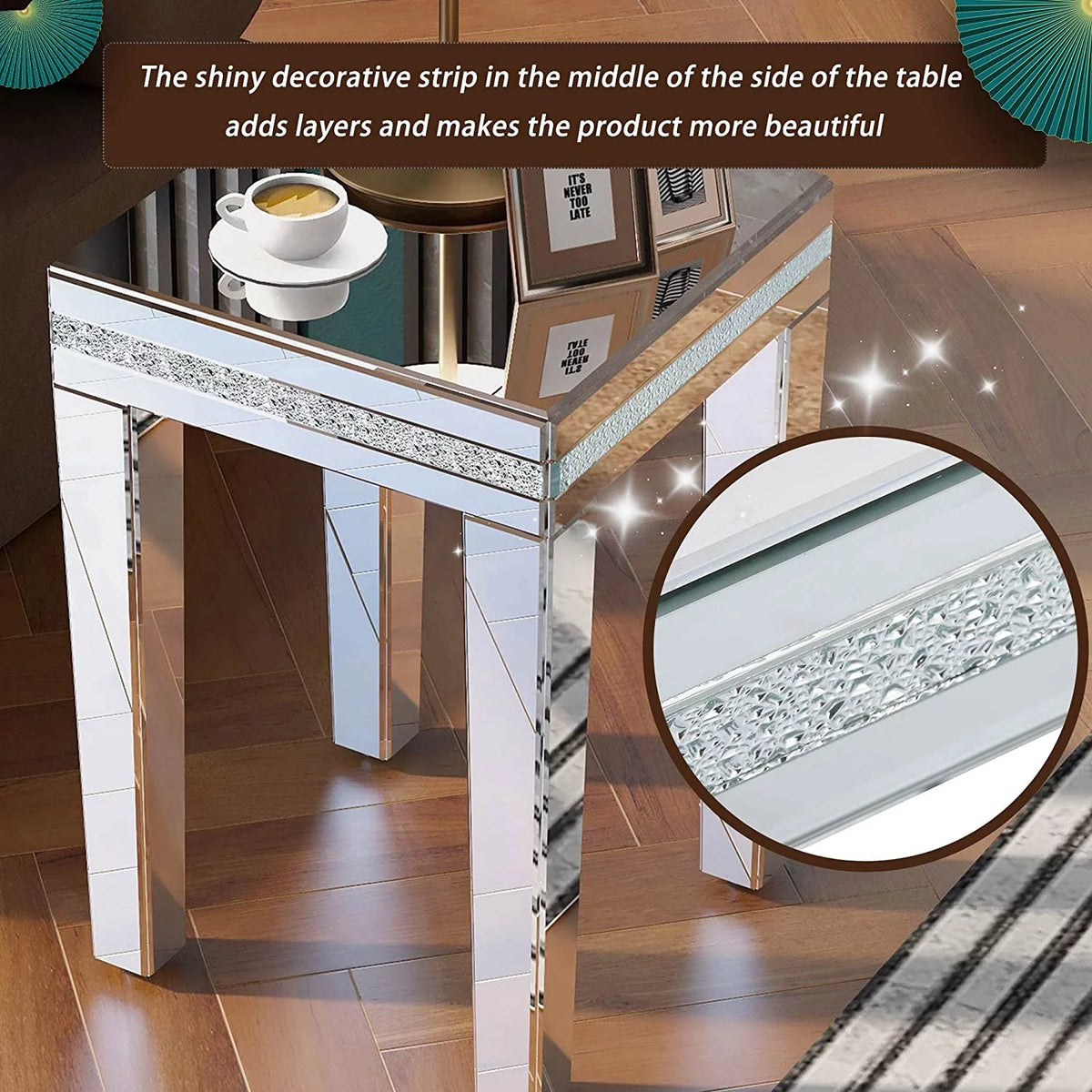 Modern Glass Mirrored Side Table with Crystal Design and Adjustable Height Legs Y696