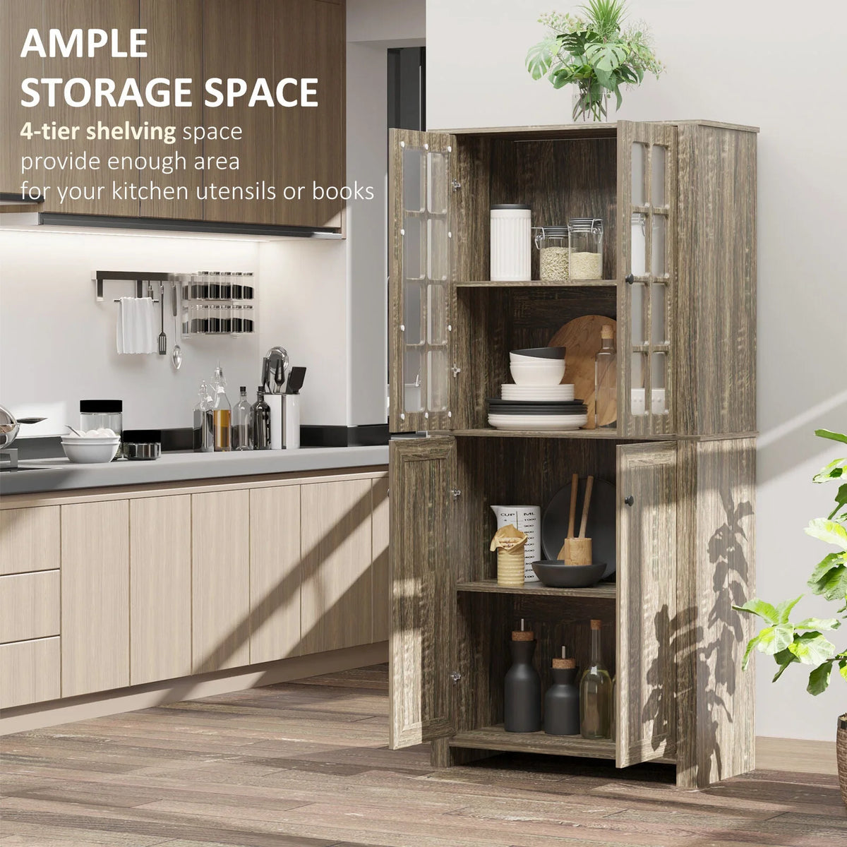 Kitchen Pantry Storage Cabinet with Glass Doors Q419280