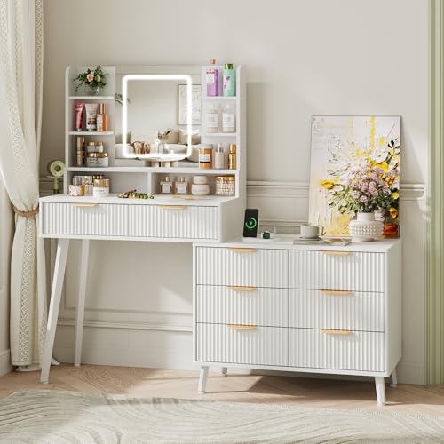 White L Shape Vanity Desk with Mirror and Lights, 8 Drawers & Shelves N1580
