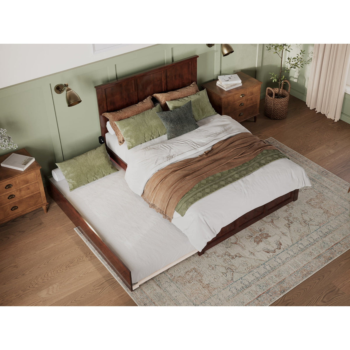 Solid Wood Queen Bed with Twin XL Trundle in Walnut C7865
