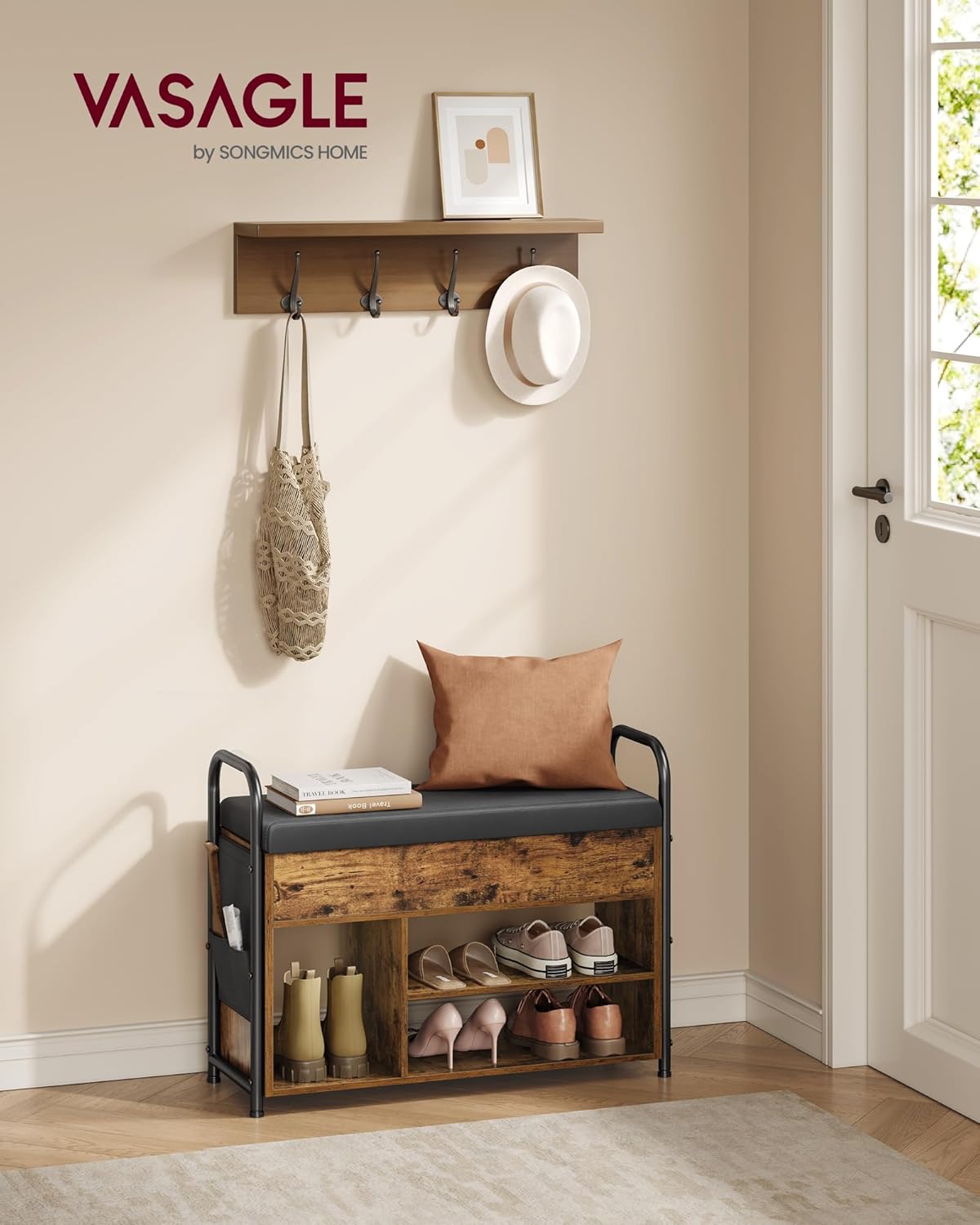 Rustic Brown and Ink Black Shoe Bench with Storage L3936