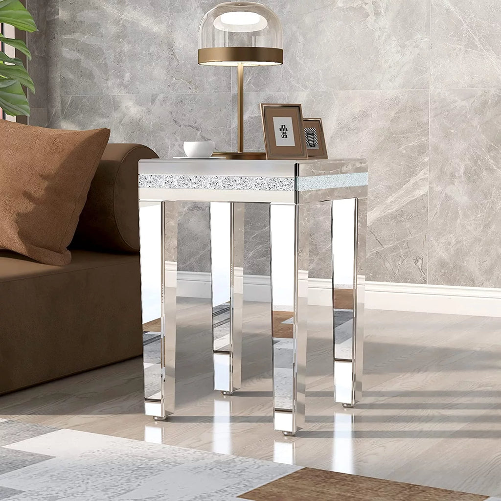 Modern Glass Mirrored Side Table with Crystal Design and Adjustable Height Legs Y696
