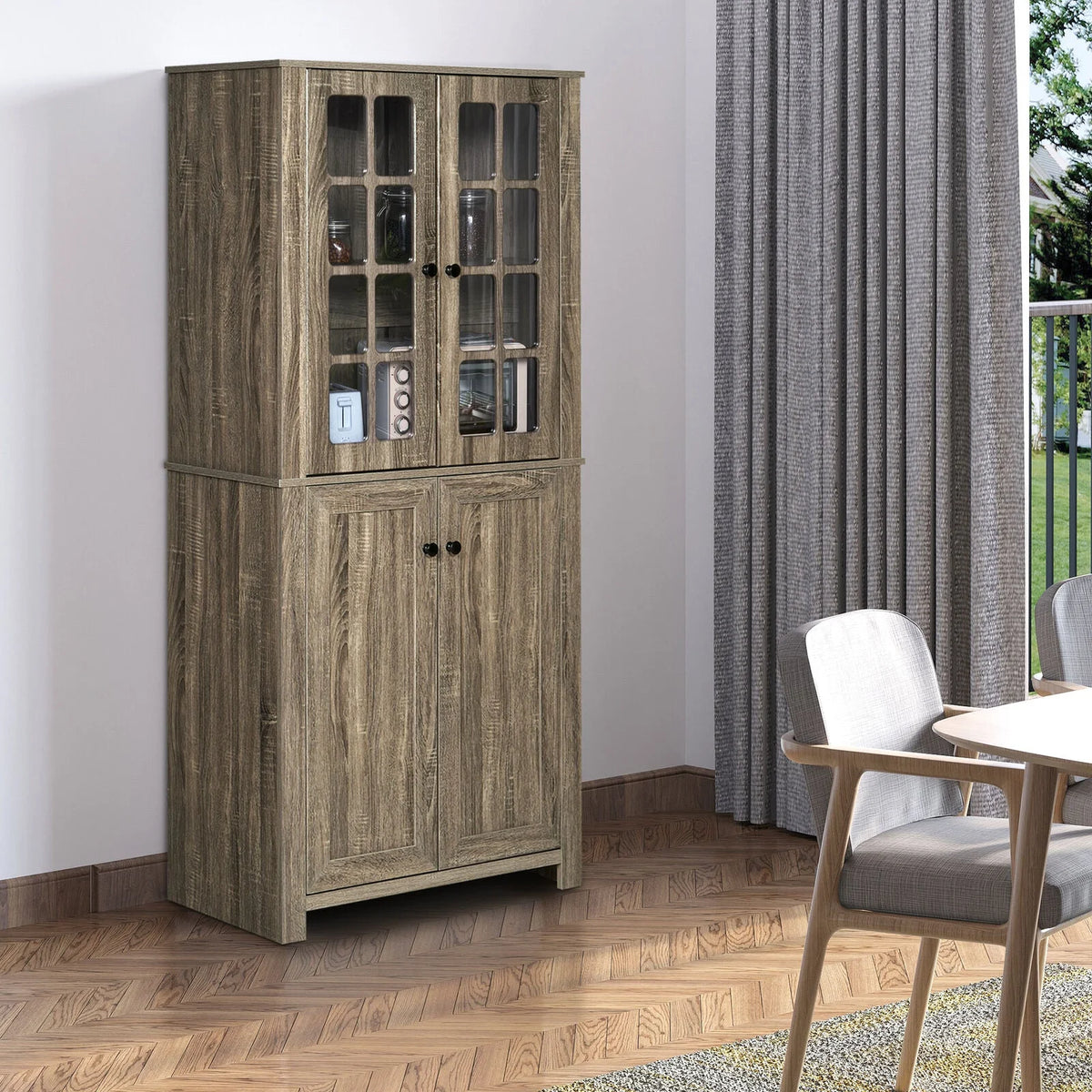 Kitchen Pantry Storage Cabinet with Glass Doors Q419280