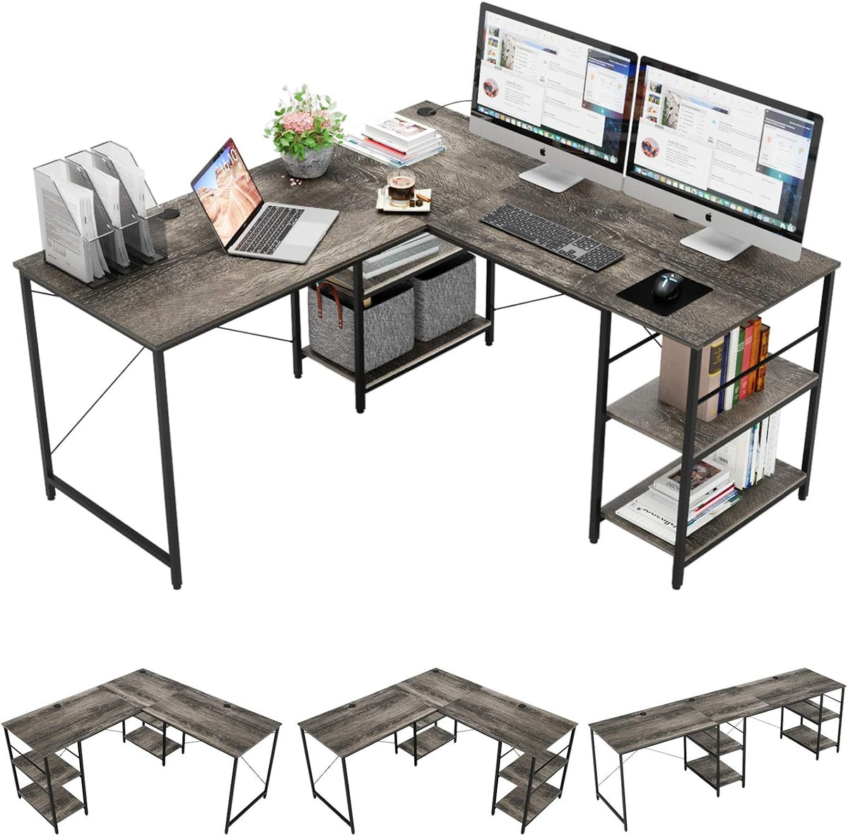 Grey Oak L Shaped Desk with Shelves 95.2 Inch Reversible Corner Computer Desk S893