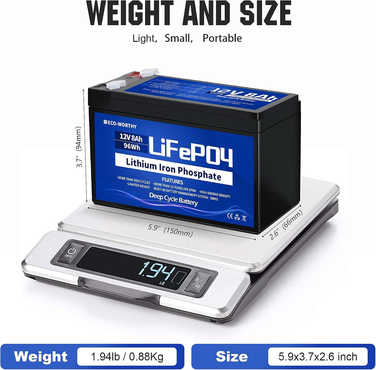 12V 8Ah LiFePO4 Lithium Iron Phosphate Battery Pack of 2 Q231