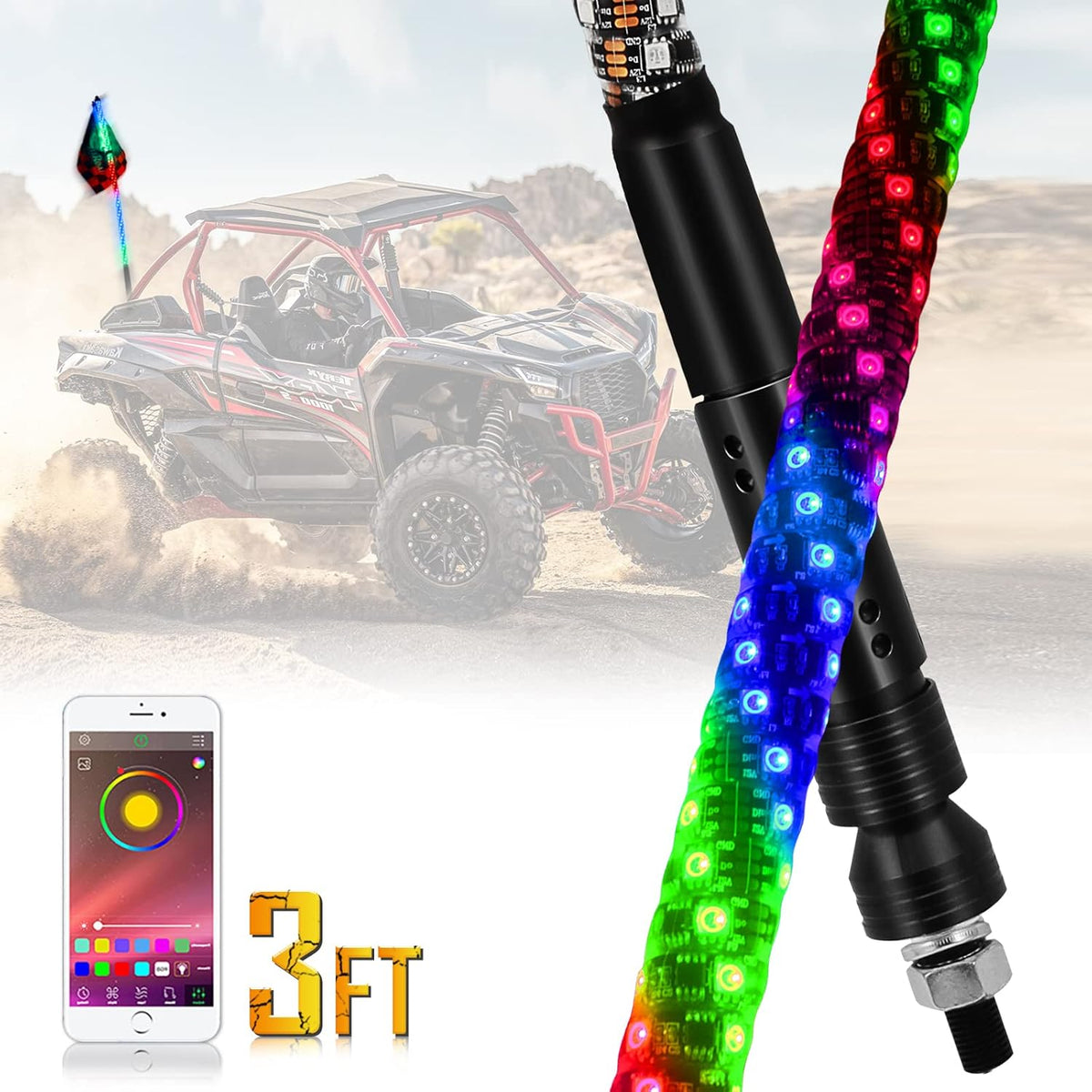 3ft RGB LED Lighted Whips 1 Pc J11996
